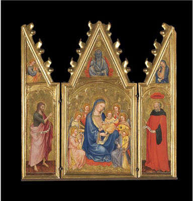 A TRIPTYCH:CENTRAL PANEL: THE MADONNA AND CHILD WITH MUSIC-MAKING ANGELS, GOD THE FATHER ABOVE LEFT WING: SAINT JOHN THE BAPTIST IN A PINK CLOAK, THE 