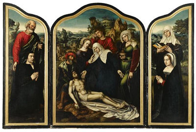 A TRIPTYCH OF THE LAMENTATION CENTRAL PANEL: THE LAMENTATION OF CHRIST INNER WINGS: SAINT PETER AND SAINT ANNE WITH DONOR AND DONATRIX OUTER WINGS: THE TEMPTATION IN THE GARDEN OF EDEN