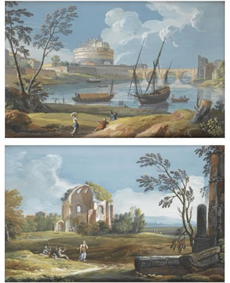 A PAIR OF ROMAN VIEWS: THE TIBER WITH CASTEL SANT'ANGELO AND PONTE DEGLI ANGELI WITH BOATS AND FIGURES; THE TEMPLE OF MINERVA MEDICA AND FIGURES (pair) by Giovanni Battista Busiri - Auction record, sale price, and art valuation. Compare with similar artists and explore comparable artworks.