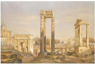 A VIEW OF THE ROMAN FORUM, WITH OXEN AND CARTS IN THE MIDDLE GROUND by Salomon Corrodi - Auction record, sale price, and art valuation. Compare with similar artists and explore comparable artworks.