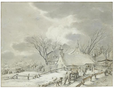 WINTER LANDSCAPE WITH PEASANTS WITH A SLEDGE BY A FARM, A TOWN BEYOND