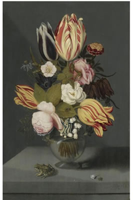 STILL LIFE WITH VARIEGATED TULIPS, PINK AND WHITE ROSES, A MARIGOLD FRITILLARY, COLUMBINE AND LILY OF THE VALLEY IN A GLOBOSE VASE WITH A TOAD, ALL ON A LEDGE