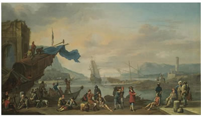A MEDITERRANEAN HARBOUR SCENE WITH FIGURES ON THE QUAY