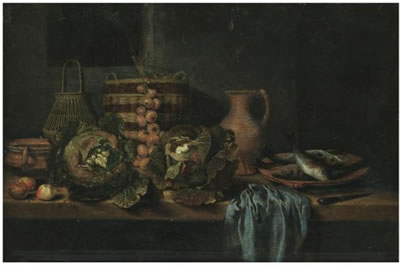 A STILL LIFE WITH CABBAGES, ONIONS, APPLES, A KNIFE, WICKER BASKETS AND EARTHENWARE JUGS ON A TABLE, TOGETHER WITH A PLATE OF FISH AND A BLUE CLOTH