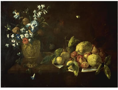 STILL LIFE WITH FRUIT PILED HIGH ON A PLATE BESIDE A BRONZE URN FILLED WITH FLOWERS
