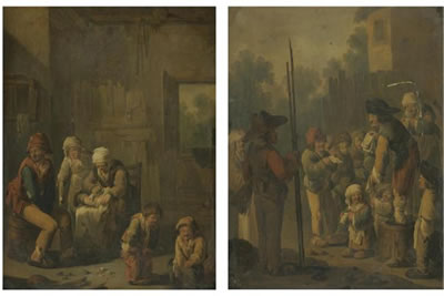 A BARN INTERIOR WITH A PEASANT FAMILY, "THE SENSE OF SMELL"; AND AN OUTDOOR SECNE WITH A FIGURE CANVASSING TO A CROWD, "THE SENSE OF HEARING"