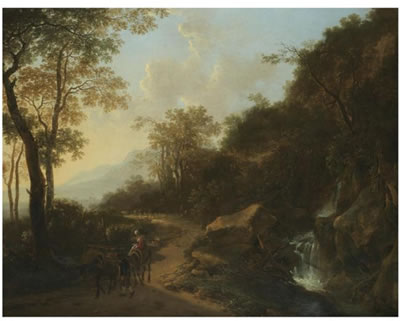 A MOUNTAINOUS ITALIANATE LANDSCAPE WITH TRAVELLERS PASSING A STREAM