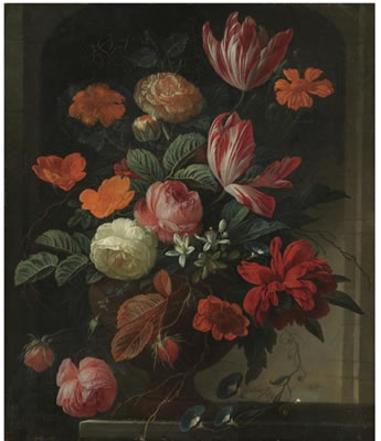 STILL LIFE WITH FLOWERS IN AN URN ON A STONE LEDGE