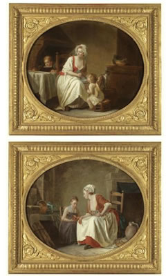 A KITCHEN INTERIOR WITH A MOTHER FEEDING HER YOUNG CHILD AND AN INTERIOR WITH A MOTHER TEACHING HER DAUGHTER TO READ by Etienne Aubry - Auction record, sale price, and art valuation. Compare with similar artists and explore comparable artworks.