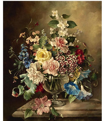 STILL LIFE WITH PRIMULAS, CLEMATIS, ROSES AND POENIES IN A GLASS VASE