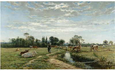 MILKMAID WITH A HERD OF COWS by Mark Fisher - Auction record, sale price, and art valuation. Compare with similar artists and explore comparable artworks.