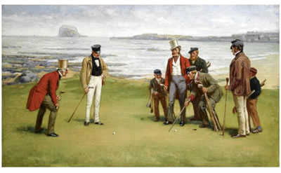 LORD ROSEBERY, ADMIRAL FLEMING, THE DUKE OF BUCCLEUCH AND LORD CHARLES HOPE WITH THEIR RESPECTIVE CADDIES AT NORTH BERWICK
