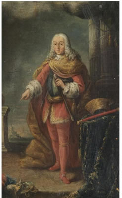 PORTRAIT OF FRANCESCO GRIMANI (1702-1779), FULL LENGTH, STANDING ON A TERRACE BEFORE A LANDSCAPE, WEARING THE UNIFORM OF THE PROVVEDITOR GENERAL DI DALMAZIA E ALBANIA