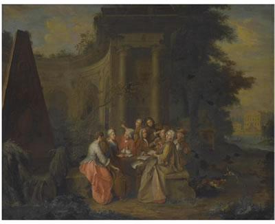 AN ELEGANT MUSICAL COMPANY BESIDE CLASSICAL RUINS