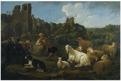 A LANDSCAPE WITH A HERDER, CATTLE, SHEEP AND A DOG IN THE FOREGROUND
