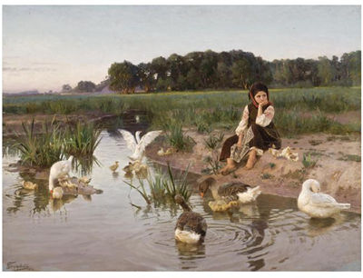 UKRAINIAN GIRL TENDING GEESE