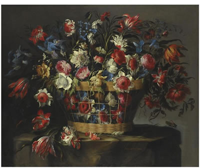 A STILL LIFE WITH CARNATIONS, PARROT TULIPS, ROSES, IRIS, DAFFODILS, MORNING GLORY AND LILLIES OF THE VALLEY, ALL IN A BASKET OVER A STONE LEDGE WITH GRASSHOPPERS AND A BUTTERFLY