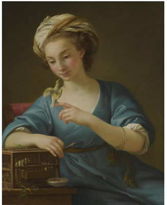A YOUNG WOMAN, DRESSED À LA GRECQUE, HOLDING A CANARY ON HER OUTSTRETCHED FINGER