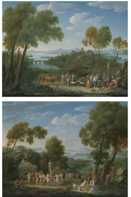 A CLASSICAL LANDSCAPE WITH A SACRIFICE BEFORE A TERM OF PAN; A CLASSICAL LANDSCAPE WITH A BACCHIC REVEL BEFORE A TERM, WITH SILENUS ON A DONKEY BEYOND (pair)