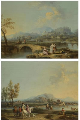 AN ITALIANATE LANDSCAPE WITH ELEGANT FIGURES ON HORSEBACK, BEFORE A RIVERSIDE TOWN; AN ITALIANATE LANDSCAPE WITH HORSEMEN CROSSING A BRIDGE, A LADY AND A GENTLEMAN WITH THEIR DOGS IN THE FOREGROUND (pair)
