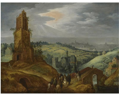LANDSCAPE WITH TRAVELLERS ON HORSEBACK BENEATH A RUINED TOWER, A DISTANT CITY BEYOND