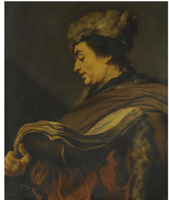 PROFILE OF A MAN WEARING A FUR HAT AND A FUR-LINED COAT, HOLDING A BOOK