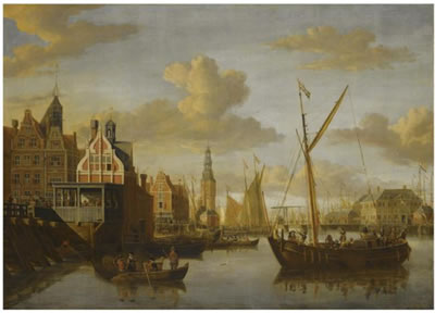A VIEW OF AMSTERDAM,WITH THE PAALHUIS AT THE NIEUWE BRUG OVER THE DAMRAK IN THE FOREGROUND, AND THE HARINGPAKKERSTOREN AND THE NIEUWE STADSHERBERG IN THE DISTANCE