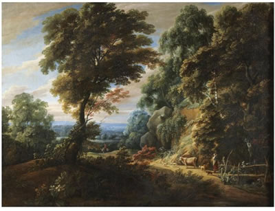 A WOODED LANDSCAPE WITH A SHEPHERDESS PASSING A STEEP BANK, PROBABLY ON THE EDGE OF THE FÔRET DE SOIGNES