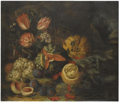 A STILL LIFE WITH TULIPS, CARNATIONS, GRAPES, MELONS, PEACHES, CHERRIES AND A PARTLY PEELED LEMON