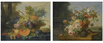 STILL LIFE WITH A BASKET OF FLOWERS, A BIRD'S NEST AND A SONGBIRD, ALL ARRANGED ON A MARBLE PLINTH, THE CITY OF ROTTERDAM BEYOND, WITH THE TOWER OF THE LAURENSKERK; AND STILL LIFE WITH A BASKET OF FRUIT ON A LEDGE BEFORE A LANDSCAPE, INCLUDING A PINEAPPLE by Willem Van Leen - Auction record, sale price, and art valuation. Compare with similar artists and explore comparable artworks.