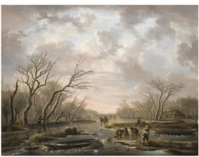 WINTER LANDSCAPE WITH SKATERS ON A FROZEN CANAL