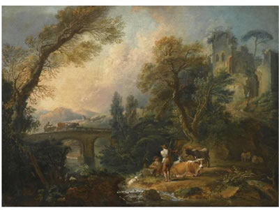 A PASTORAL LANDSCAPE WITH HERDERS AND THEIR ANIMALS RESTING BESIDE A RIVER, A BRIDGE BEYOND