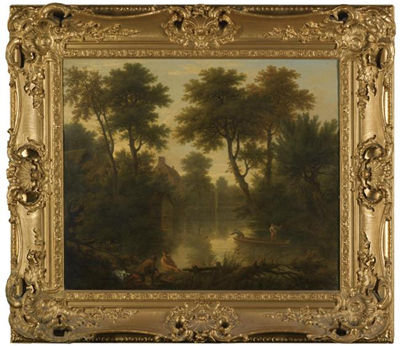 VILLAGE POND WITH TWO MEN IN A PUNT