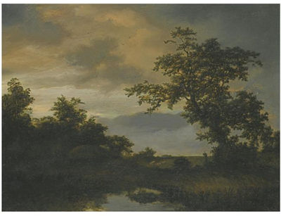 A WOODED RIVER LANDSCAPE WITH A SHEPHERD AND HIS FLOCK ON THE BANK