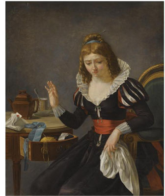 AN ELEGANTLY DRESSED LADY SEATED AT A TABLE AND HOLDING A WHITE HANKERCHIEF