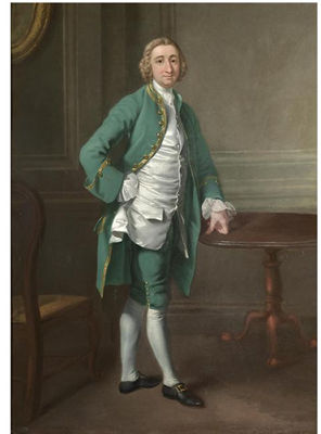 PORTRAIT OF A GENTLEMAN, POSSIBLY MR GOODYEAR ST. JOHN, FULL LENGTH, STANDING BY A TABLE, WEARING A GREEN SUIT WITH A WHITE SILK WAISTCOAT