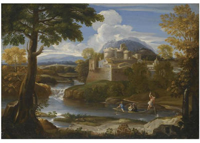 A RIVER LANDSCAPE WITH AN ELEGANT COUPLE BOATING IN THE FOREGROUND