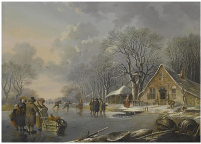 A WINTER LANDSCAPE WITH SKATERS ON A FROZEN RIVER NEAR AN INN