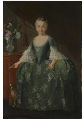 PORTRAIT OF THE INFANTA MARÍA LUISA DE BORBÓN (1745-1792), FULL LENGTH, STANDING BESIDE A VASE OF FLOWERS
