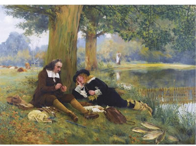 TYING A FLY - IZAAK WALTON AND JOHN OFFLEY AT THE WATER'S EDGE