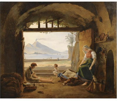 FISCHER IN MERGELLINA, NEAPEL (NEAPOLITAN FISHERMEN IN MERGELLINA, THE CASTEL DELL' OVO AND VESUVIUS BEYOND)