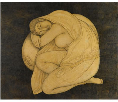 Sample artwork by Jogen Chowdhury (Born 1939), known for pastel and ink on paper, figurative approach - View similar artists and auction records