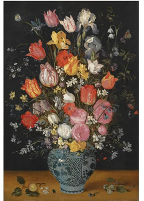 STILL LIFE WITH TULIPS, ROSES, LILIES, IRISES, POPPIES, HYACINTHS AND OTHER FLOWERS IN A BLUE AND WHITE DELFT PORCELAIN VASE