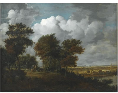 AN EXTENSIVE LANDSCAPE WITH FIGURES AND SHEEP ON A PATH THROUGH WOODLAND TO THE LEFT, AND A DISTANT VIEW ACROSS A RIVER TO A BROAD PLAIN TO THE RIGHT