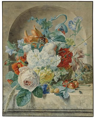 STILL LIFE OF FLOWERS AND FRUIT IN A NICHE, WITH A BIRD'S NEST