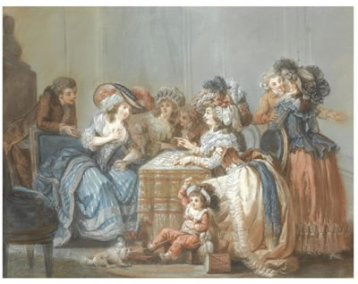 AN ELEGANT PARTY AROUND A TABLE, WATCHING A LADY HAVING HER FORTUNE TOLD WITH CARDS