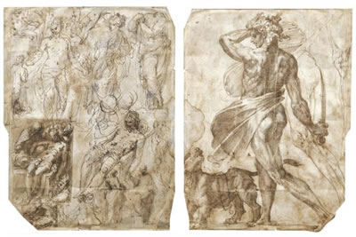 RECTO: SHEET OF STUDIES INCLUDING A PIETÀ AND SEVERAL FIGURES; VERSO: A NUDE MAN, ALMOST IN PROFILE, STANDING BESIDE A LION AND HOLDING A SWORD, WITH TWO SEPARATE STUDIES OF A RIGHT LEG
