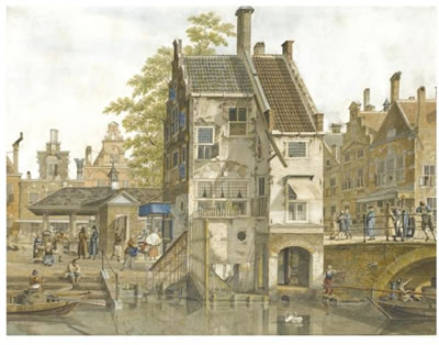 A TOWN SQUARE WITH A FISH MARKET, A CANAL IN THE FOREGROUND