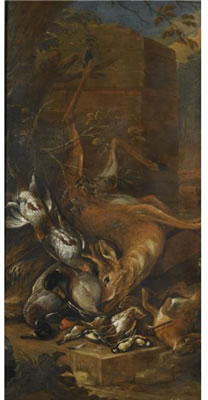 STILL LIFE OF A DEAD ROEBUCK AND OTHER GAME; STILL LIFE OF A DEAD HARE AND OTHER GAME WITH HUNTING DOGS (pair)