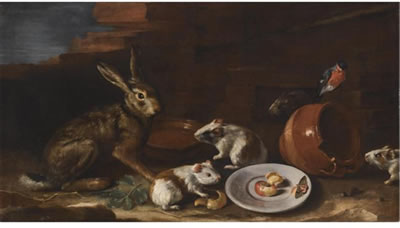 A FARMYARD SCENE WITH A STILL LIFE OF A RABBIT, GUINEA PIGS, APPLE-PEEL AND A BUTTERFLY ON A PLATE, TOGETHER WITH A TERRACOTTA JUG AND BOWL